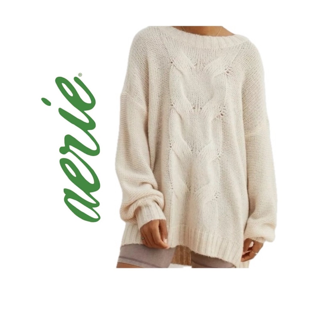 Aerie Oversized Cable Knit Sweater Cream Ivory Chunky Pullover Tunic Oatmealcore